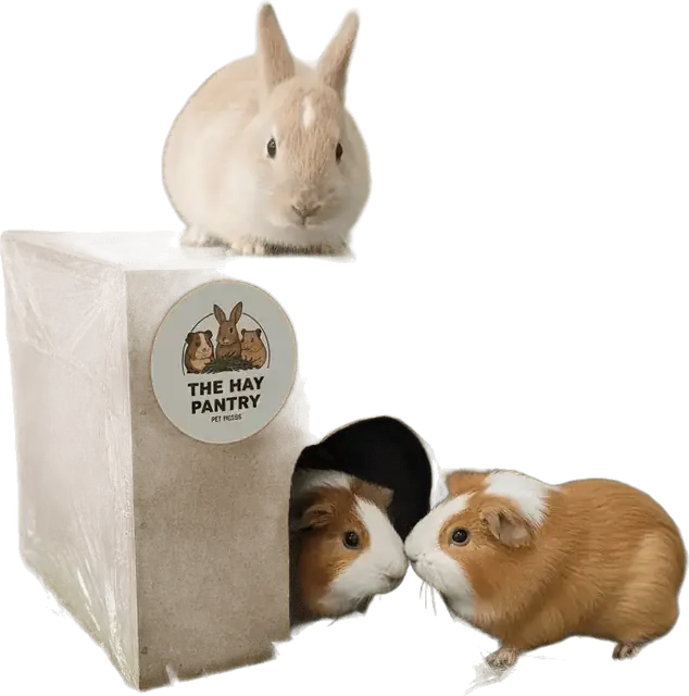 Two guinea pigs and a bunny on a box of The Hay Pantry hay